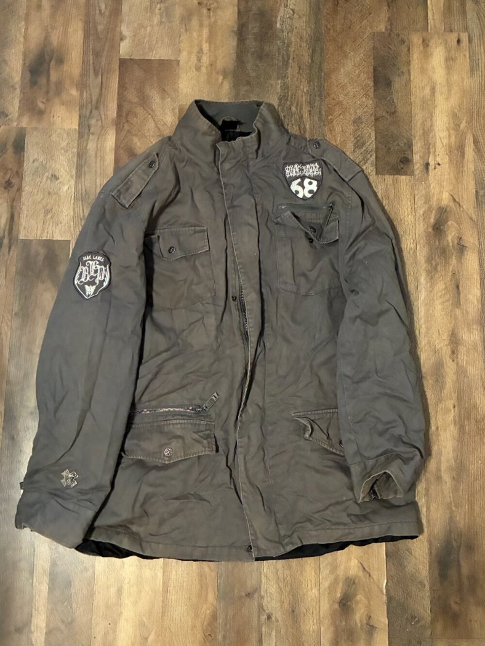 Blac Label 68 Jacket Coat Military Style Gray Zip Pockets & Patches Size XL READ